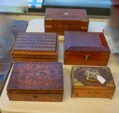 FIVE HINGED WOOD JEWELRY BOXES