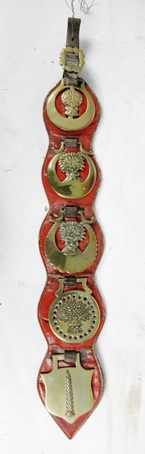 Five horse brasses mounted on a