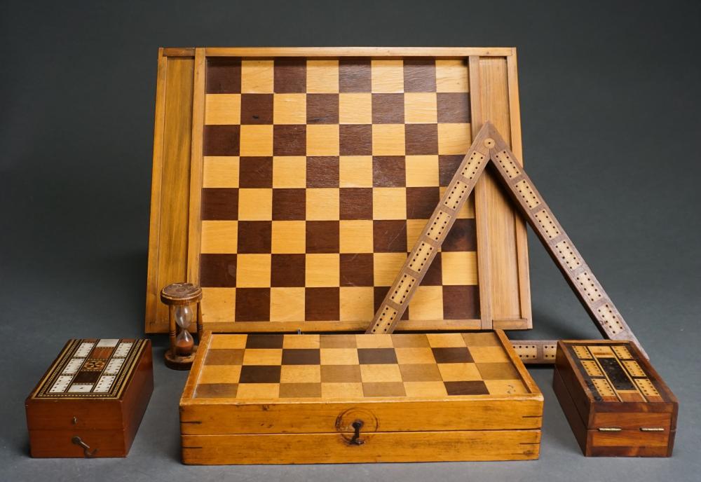 FIVE INLAID WOOD GAME BOXESFive