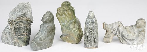 FIVE INUIT CARVED STONE FIGURESFive