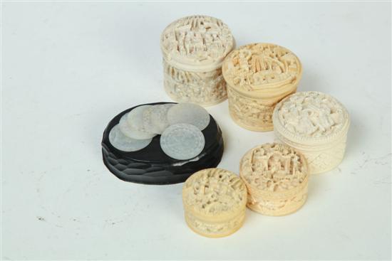 FIVE IVORY BOXES.  Asian  late 19th