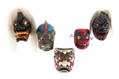 FIVE JAPANESE CLAY AND WOODEN