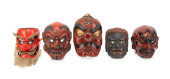 FIVE JAPANESE CLAY AND WOODEN