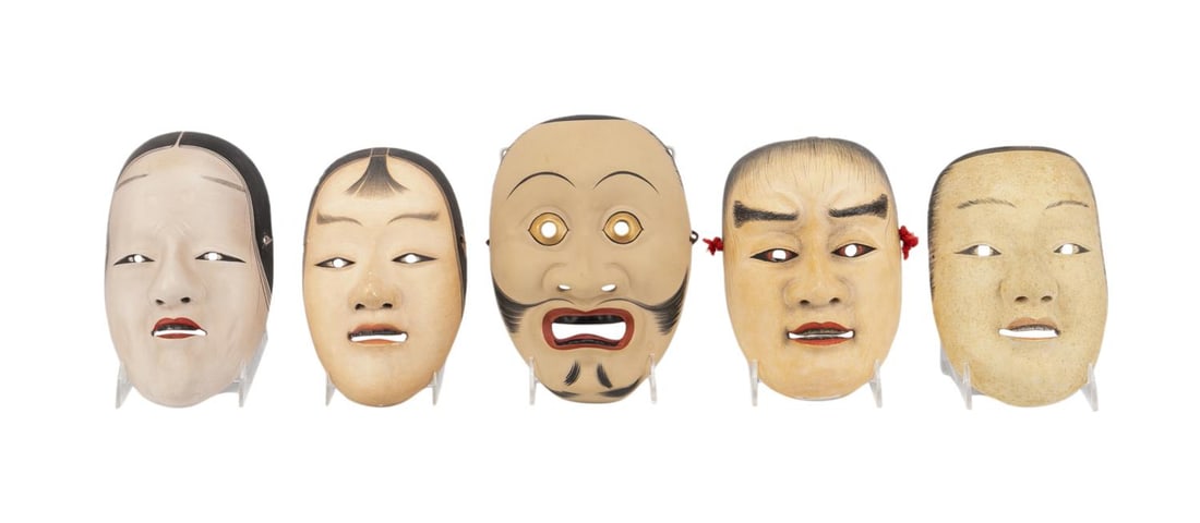 FIVE JAPANESE CLAY AND WOODEN NOH