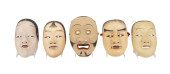 FIVE JAPANESE CLAY AND WOODEN