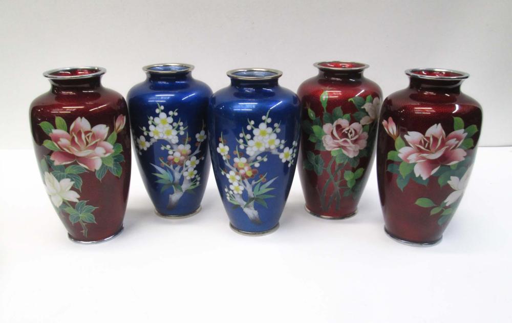 FIVE JAPANESE CLOISONNE VASES, EACH
