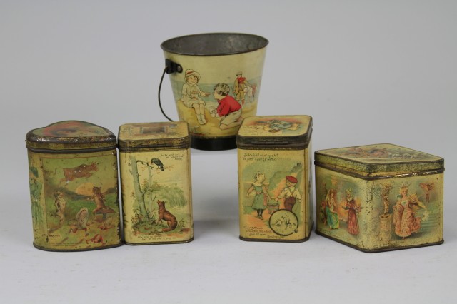 FIVE JUVENILE BISCUIT TINS