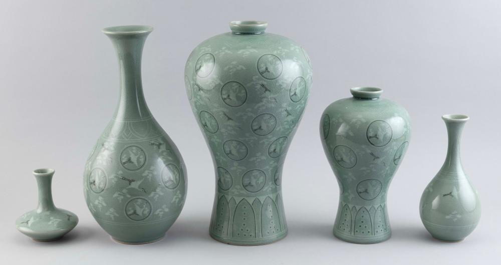 FIVE KOREAN CELADON PORCELAIN VASES