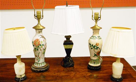 Five lamps  two alabaster. 7'' h 