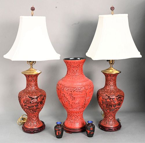 FIVE LARGE CINNABAR VASESFive Large
