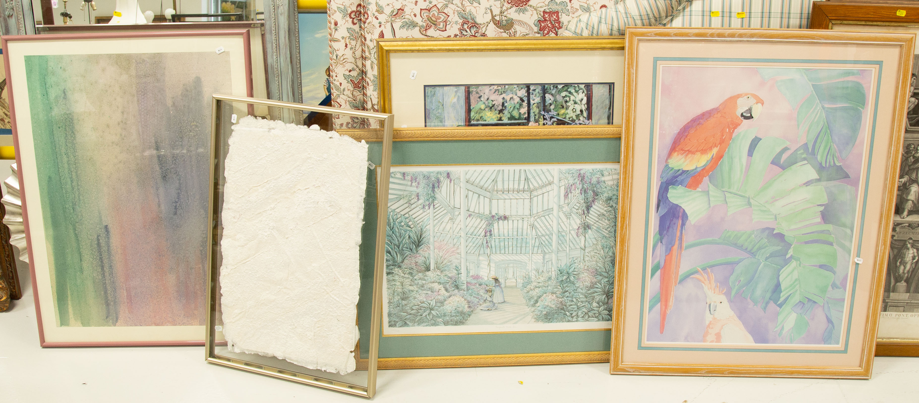 FIVE LARGE FRAMED MODERN ARTWORKS .