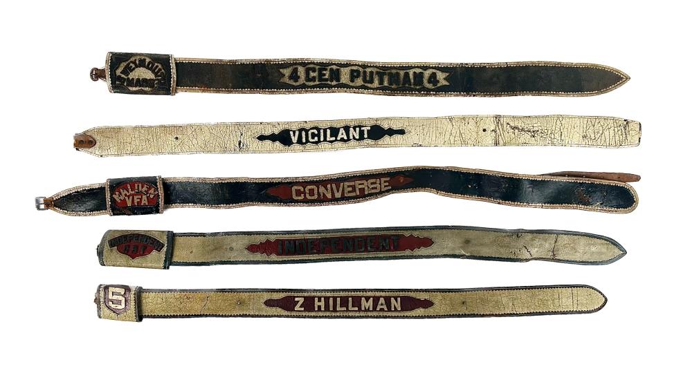 FIVE LEATHER FIREMAN'S PARADE BELTS