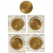 FIVE LIBERTY HEAD $20 GOLD COI