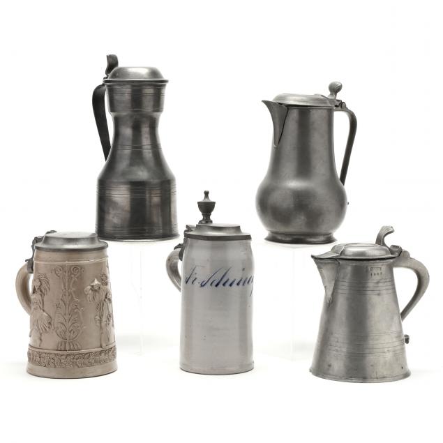 FIVE LIDDED PEWTER ARTICLES FOR