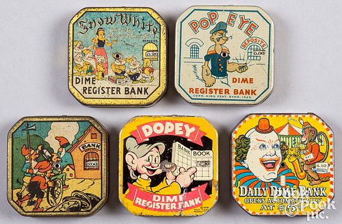 FIVE LITHOGRAPHED TIN DIME