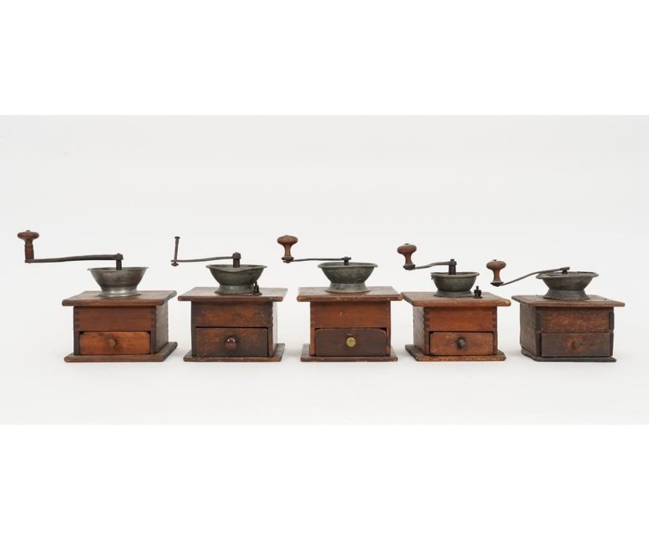 Five maple and pewter coffee