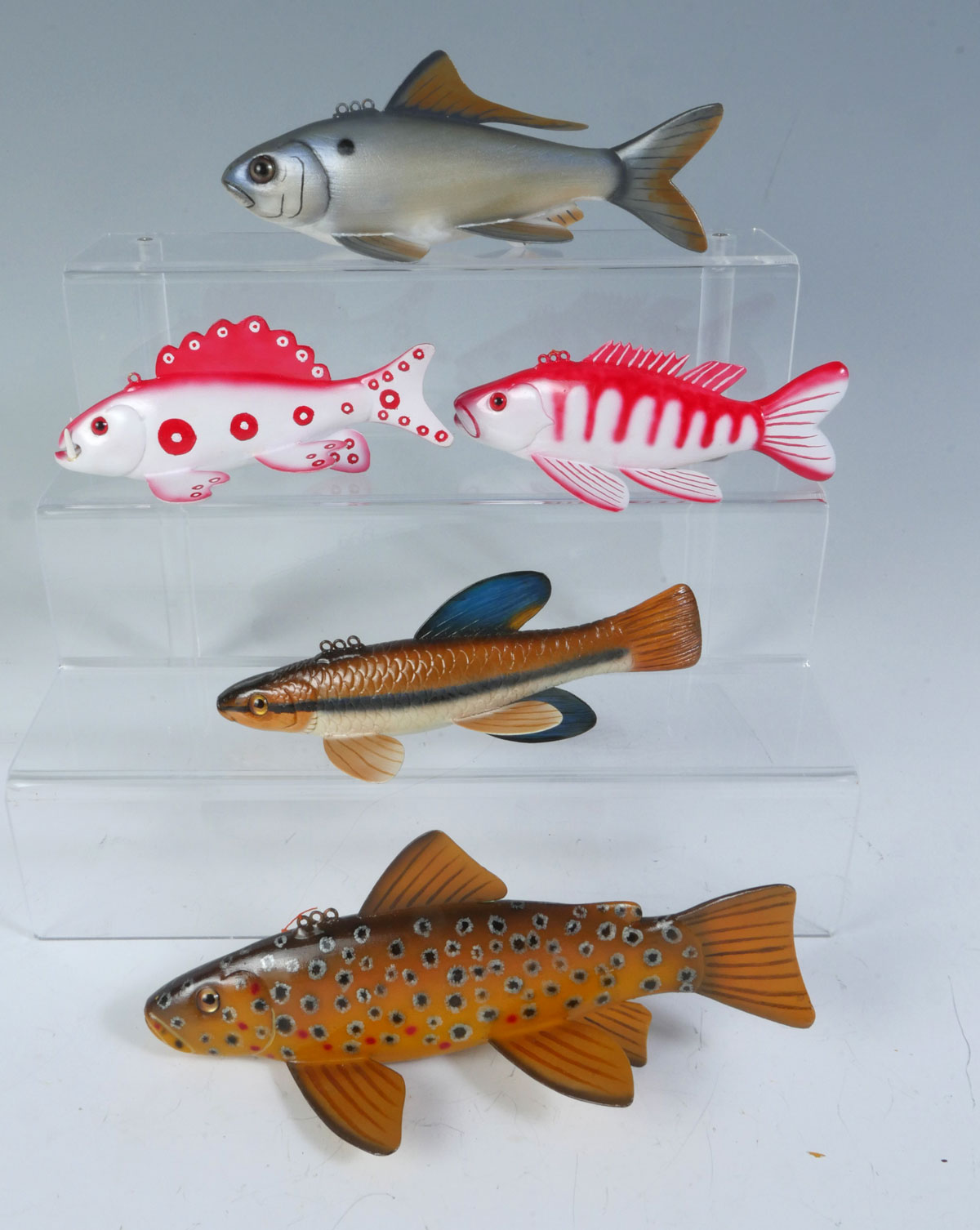 FIVE MAURICE STIFF FISH DECOYS: