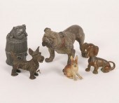 Five metal animals; bronze sco