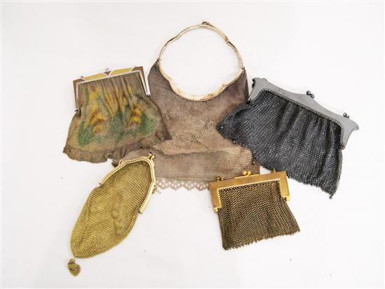 Five metal mesh purses  one with