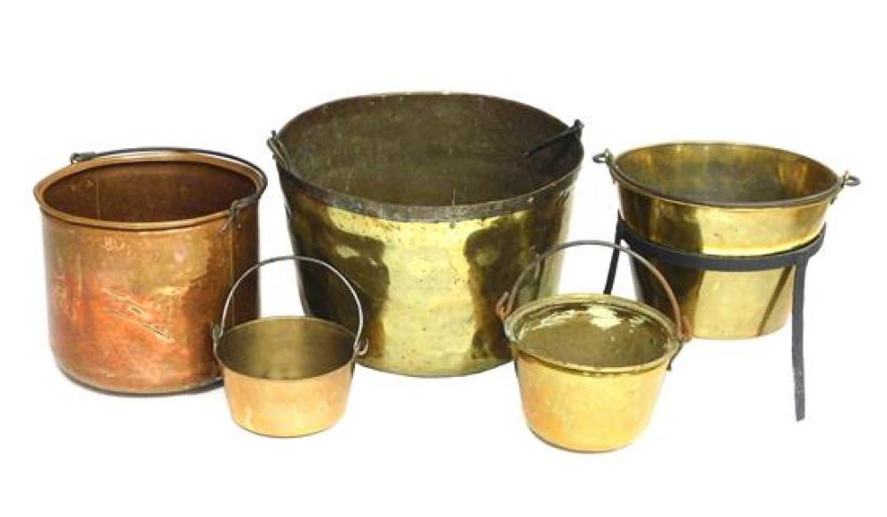 FIVE METAL POTS AND STAND, LATE