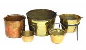 FIVE METAL POTS AND STAND, LAT