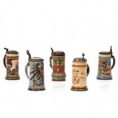FIVE METTLACH ½ LITRE STEINS,
