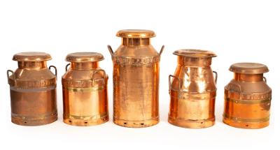 Five milk churns and covers, the