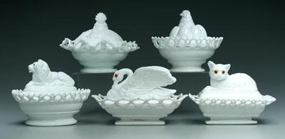 Five milk glass animal dishes,