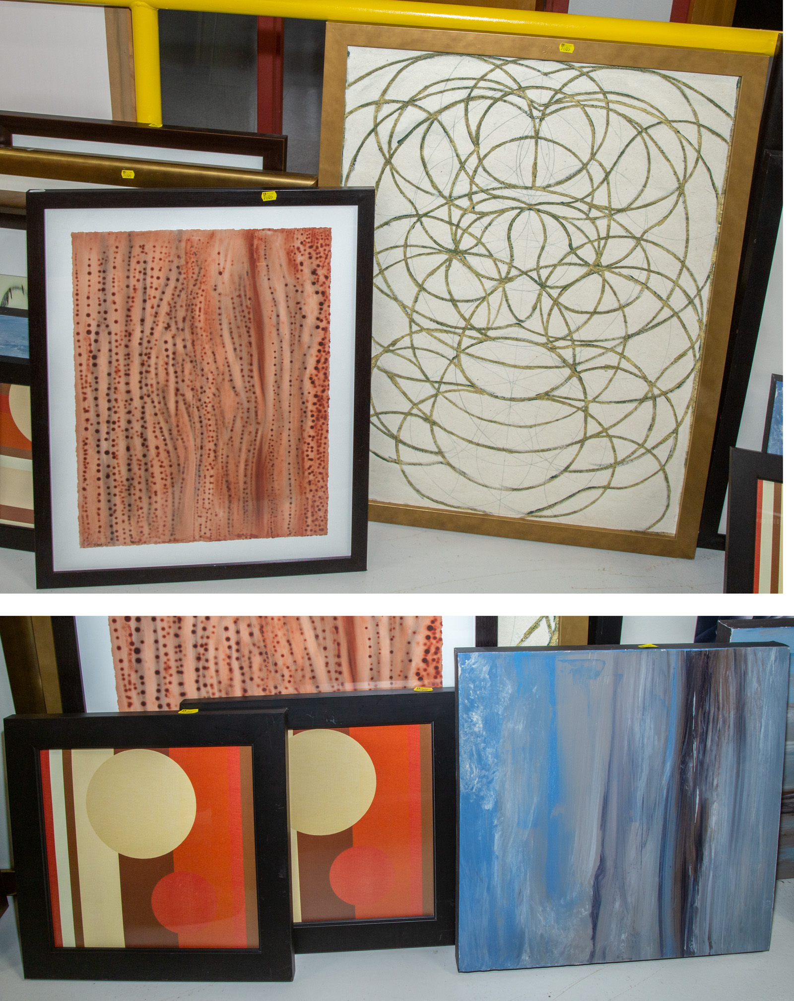 FIVE MODERN FRAMED ARTWORKS .