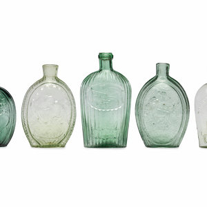 Five Molded Glass Green Flasks