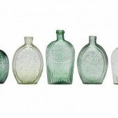 Five Molded Glass Green Flasks
