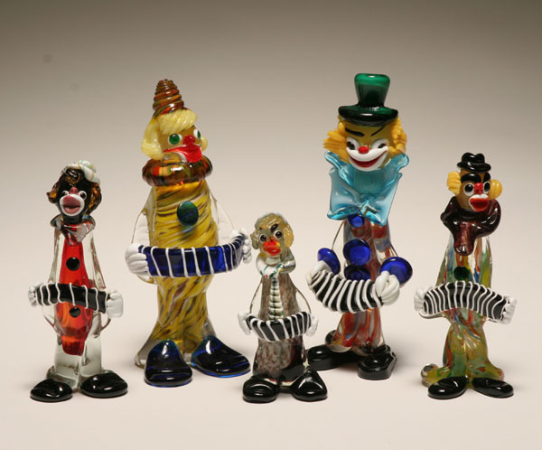 Five Murano art glass clown