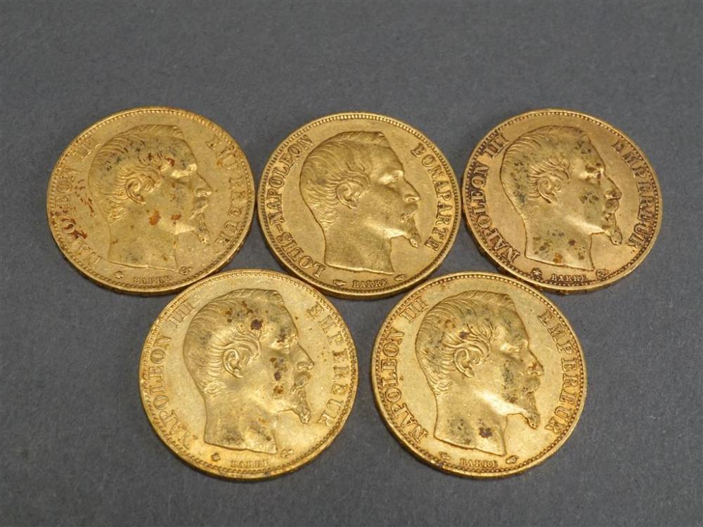 FIVE NAPOLEON III 20-FRANCS GOLD