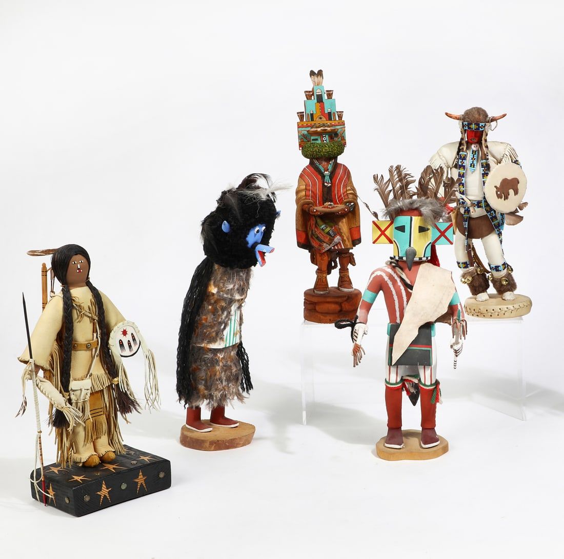 FIVE NATIVE AMERICAN DECORATED WOOD