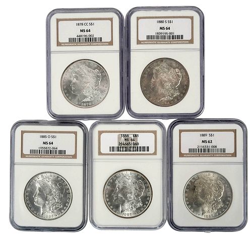 FIVE NGC GRADED MORGAN