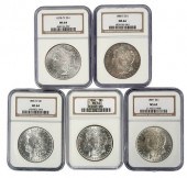 FIVE NGC GRADED MORGAN DOLLARS