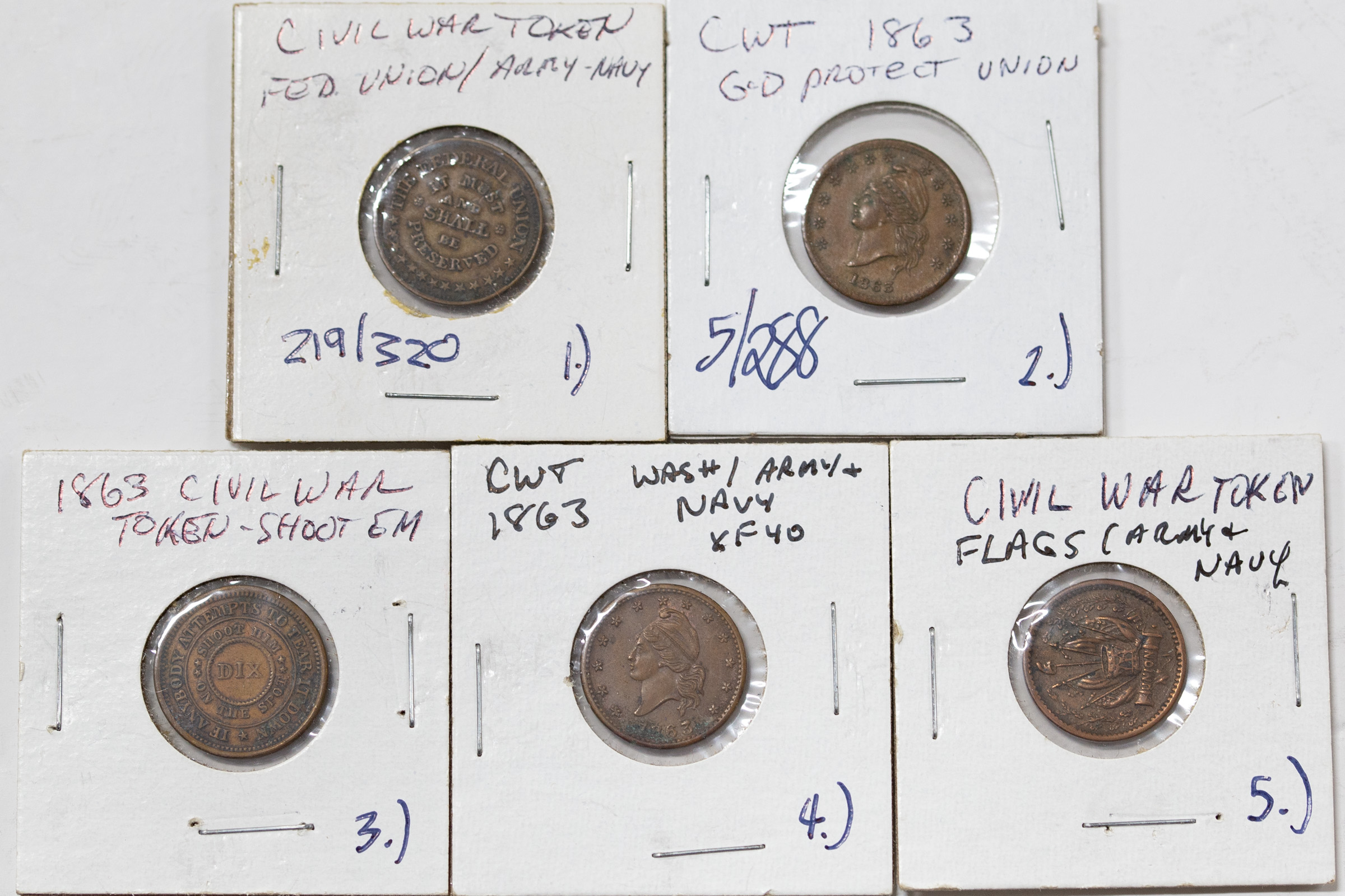 FIVE NICE CIVIL WAR TOKENS 1.)
