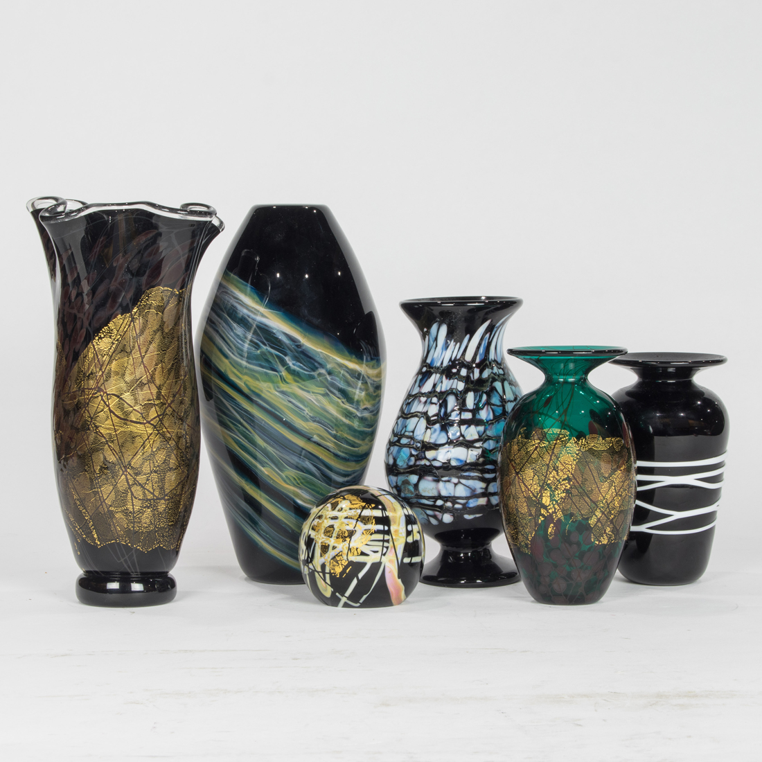 FIVE NOUROT ART GLASS VASES AND