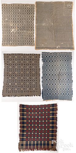 FIVE OVERSHOT COVERLETS, 19TH