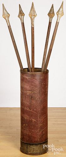 FIVE PAINTED WOODEN LODGE SPEARS,