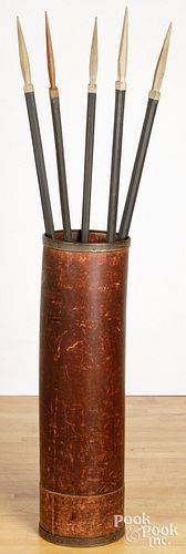 FIVE PAINTED WOODEN LODGE SPEARS,