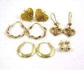 FIVE PAIRS OF YELLOW GOLD EARR