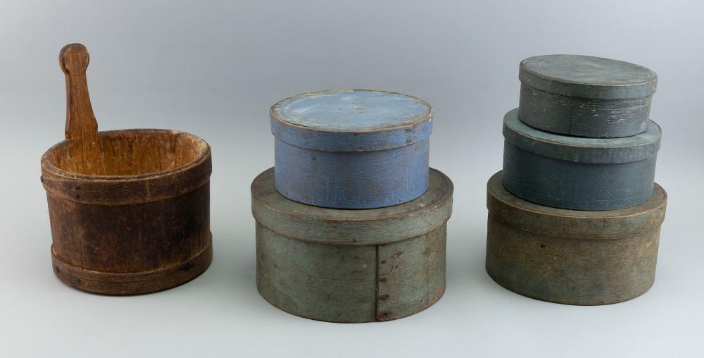 FIVE PANTRY BOXES AND A BUCKET 19TH