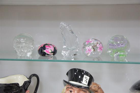 FIVE PAPERWEIGHTS. Clear glass with