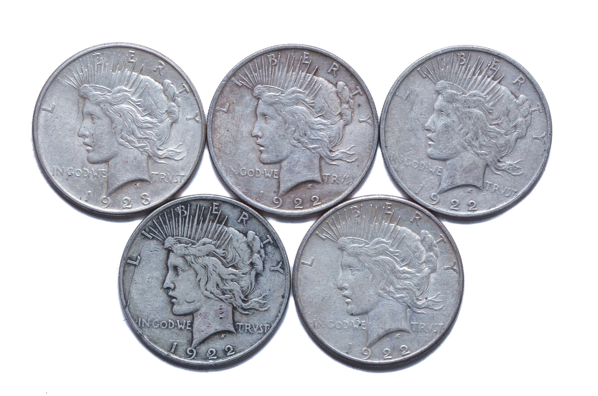 FIVE PEACE DOLLARS 2-1922 VF+,