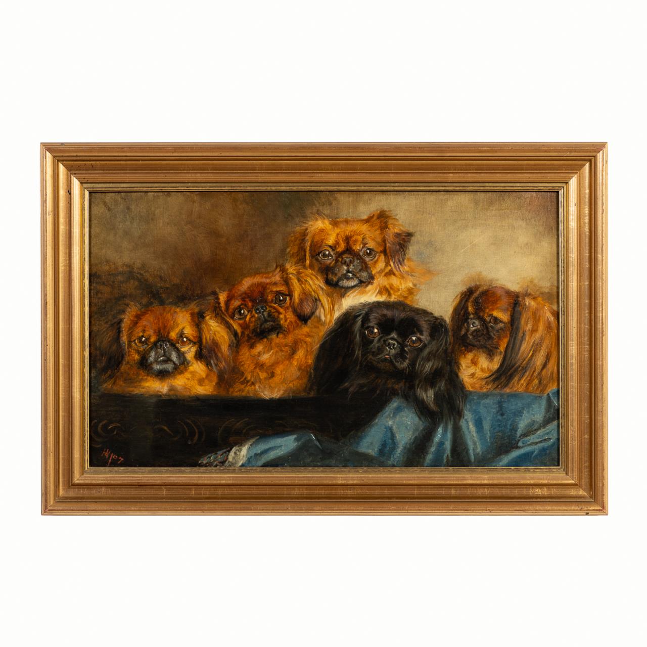 FIVE PEKINGESE, OIL ON CANVAS DOG