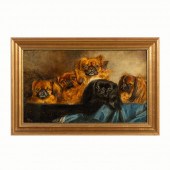 FIVE PEKINGESE, OIL ON CANVAS