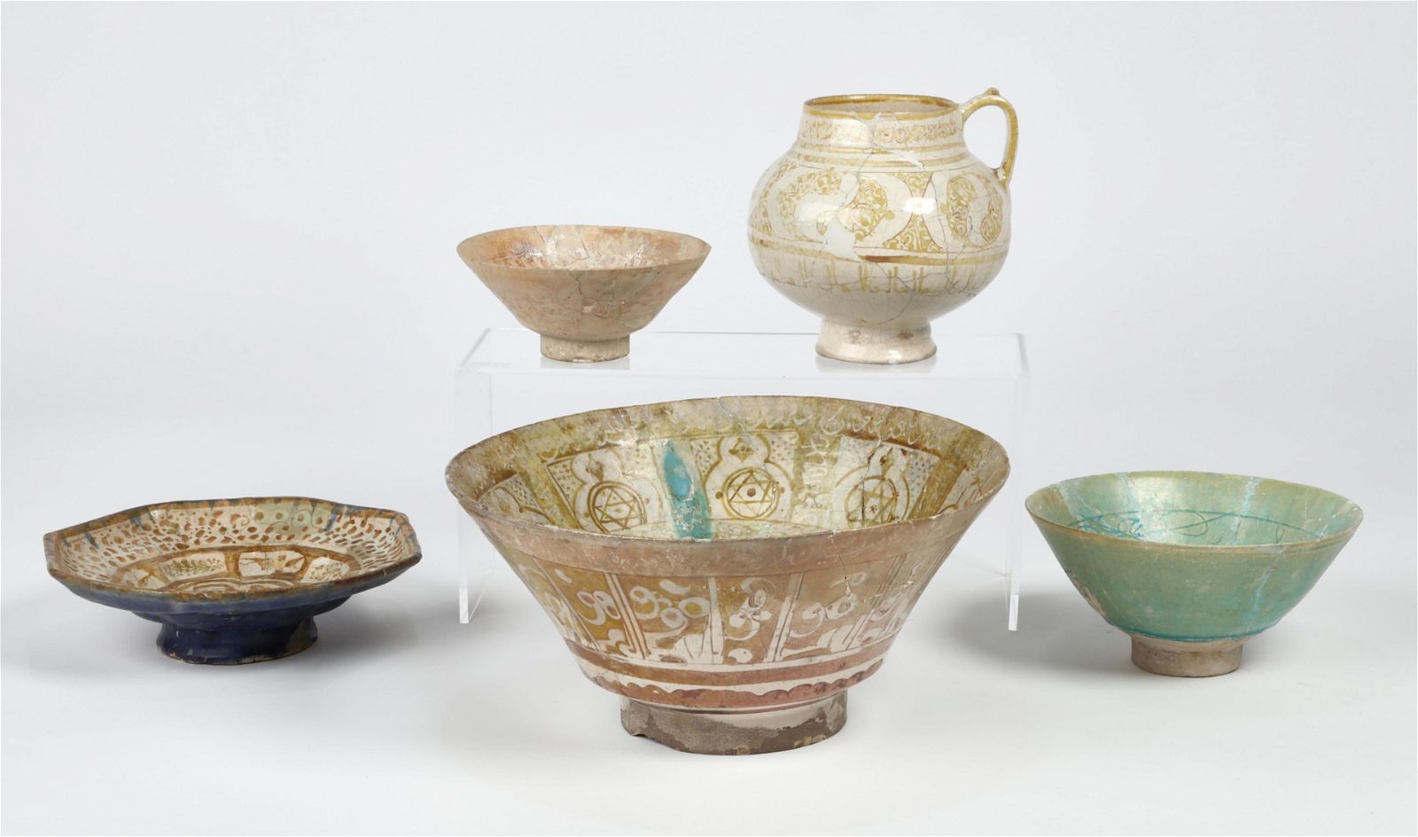 FIVE PERSIAN IRIDESCENT POTTERY