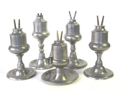 Five pewter acorn fonted camphene