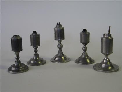 Five pewter cylinder font whale oil